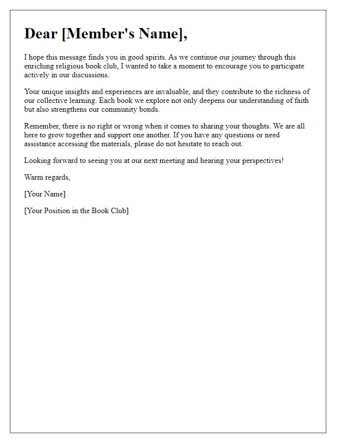 Letter template of encouragement for member participation in the religious book club