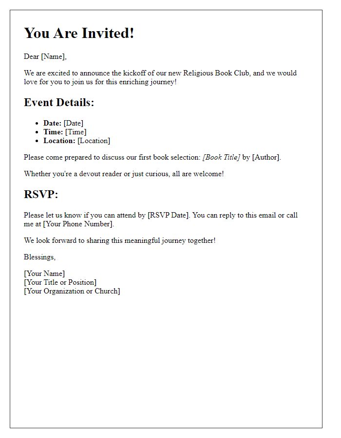 Letter template of invitation for a religious book club kickoff event