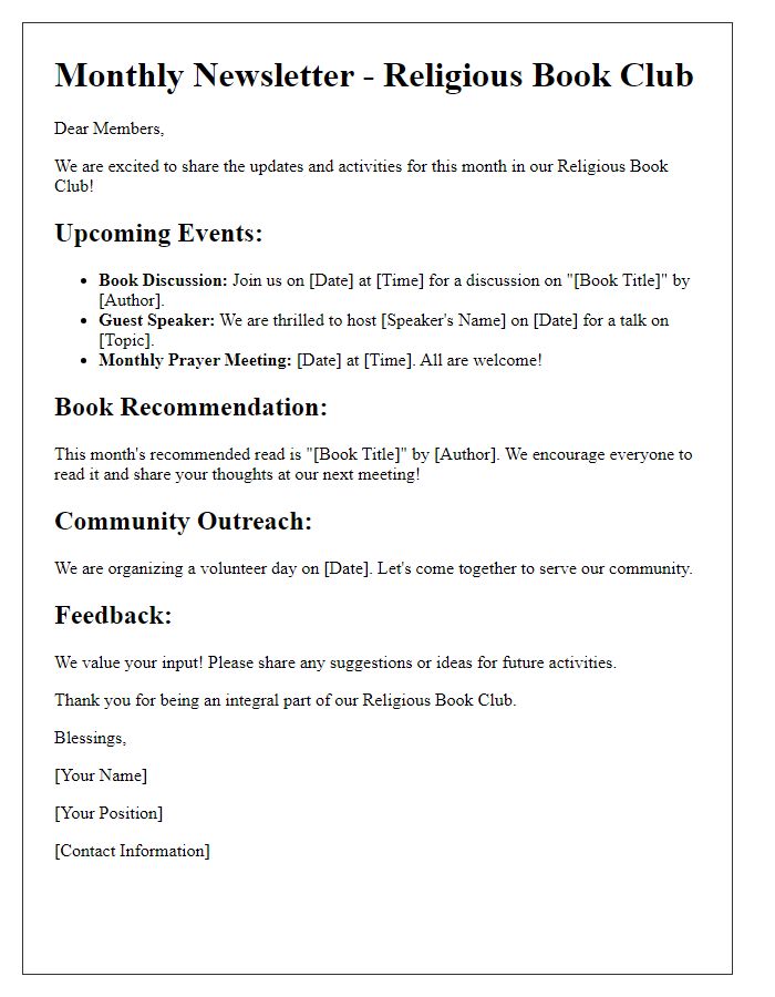 Letter template of newsletter update for the religious book club activities