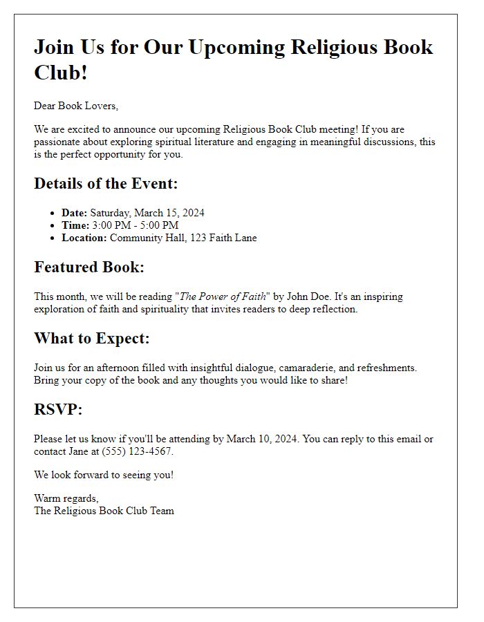 Letter template of promotional flyer for the upcoming religious book club