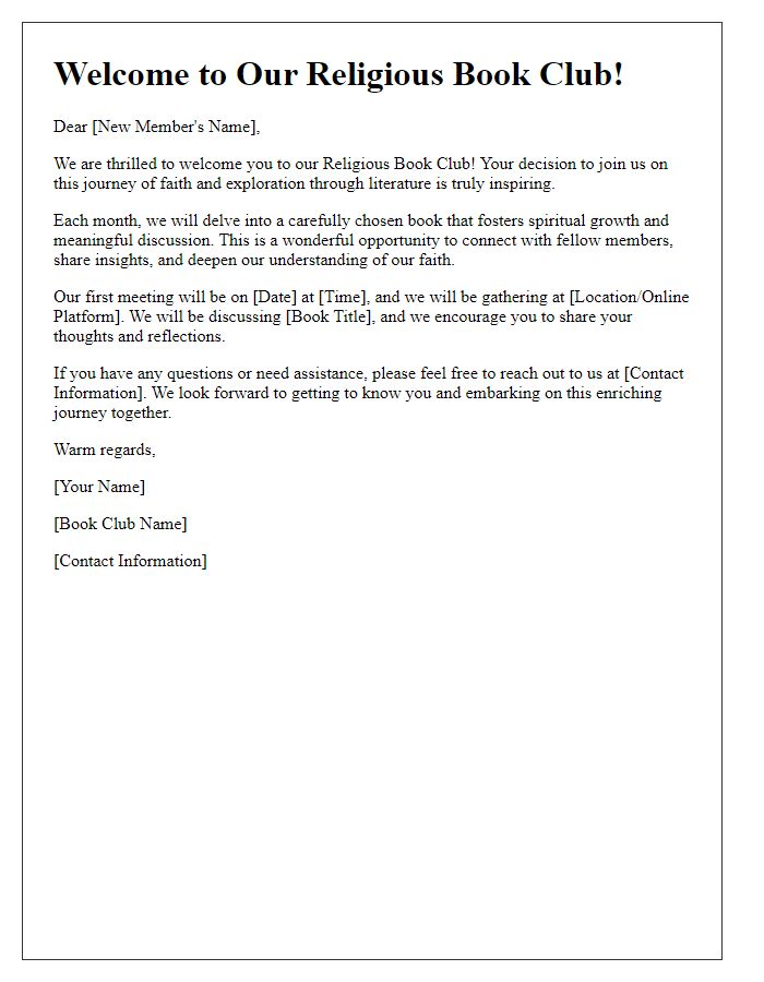 Letter template of welcome message for new members of the religious book club