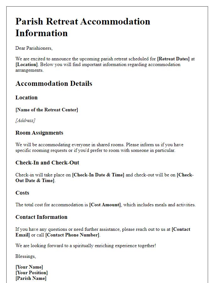 Letter template of parish retreat accommodation information.