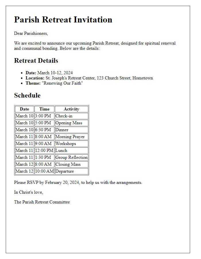 Letter template of parish retreat details and schedule.