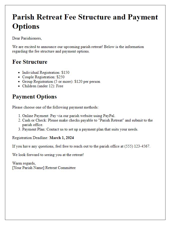 Letter template of parish retreat fee structure and payment options.