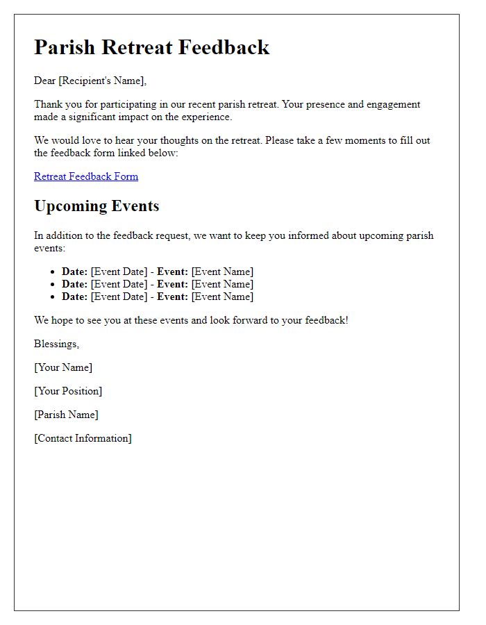 Letter template of parish retreat feedback and follow-up information.