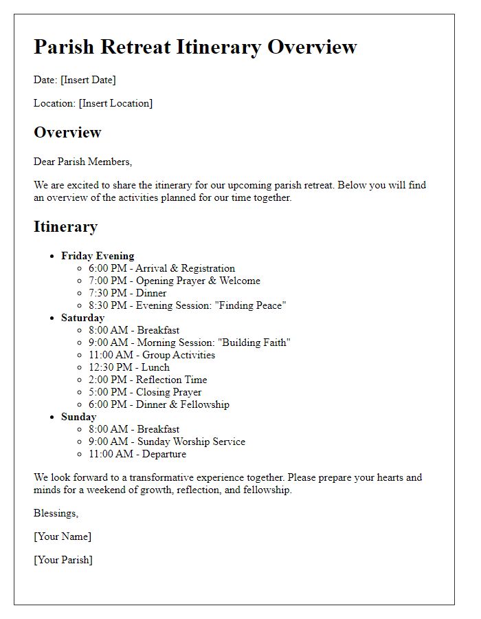 Letter template of parish retreat itinerary overview.