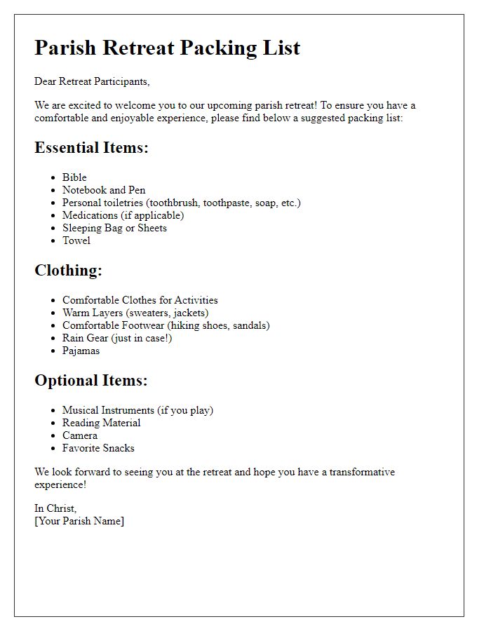 Letter template of parish retreat packing list.