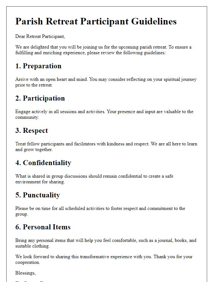 Letter template of parish retreat participant guidelines.