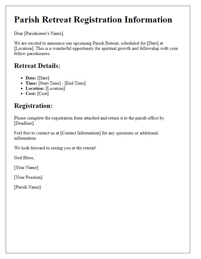 Letter template of parish retreat registration information.