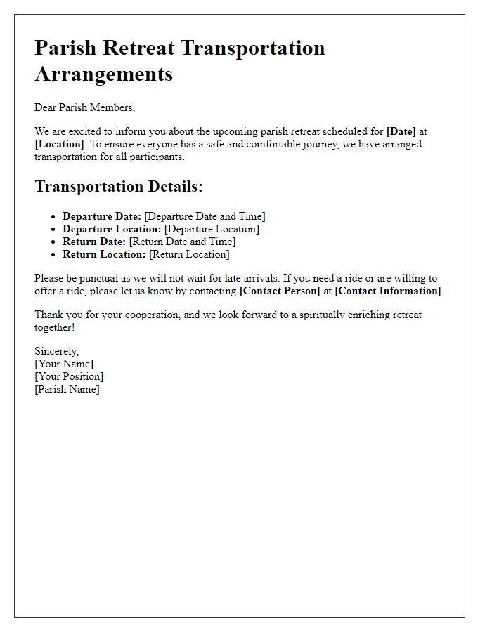 Letter template of parish retreat transportation arrangements.