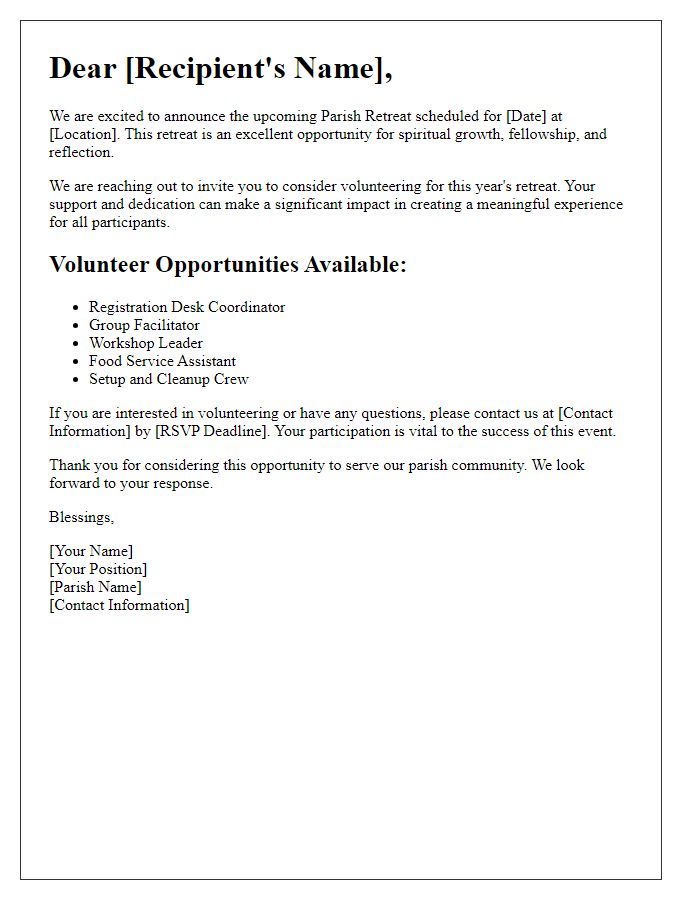 Letter template of parish retreat volunteer opportunities.