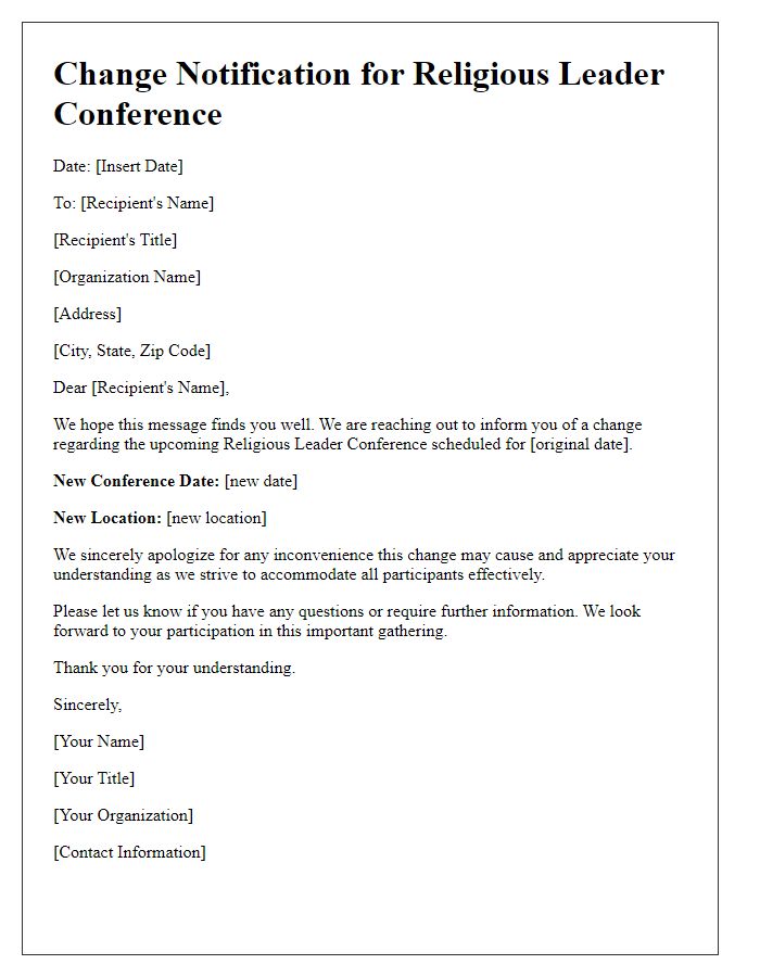 Letter template of change notification for religious leader conference