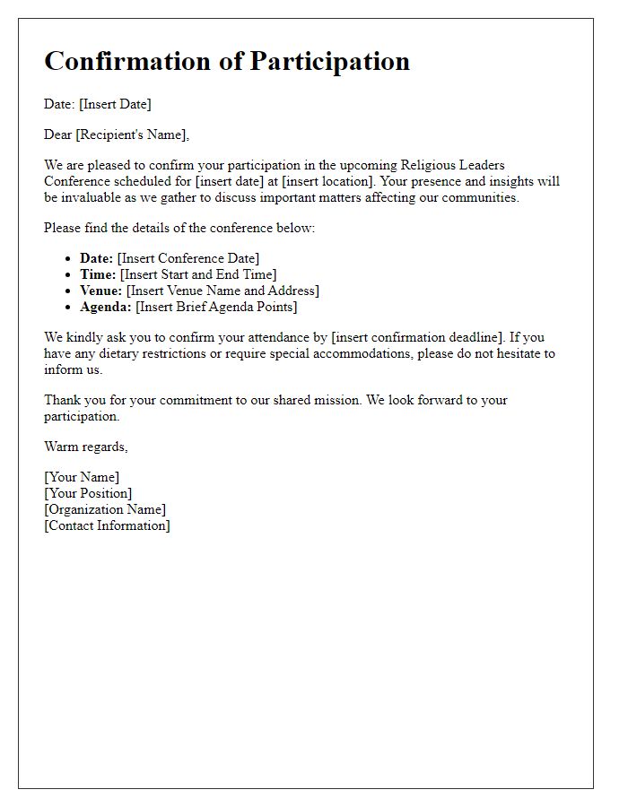 Letter template of participation confirmation for religious leader conference