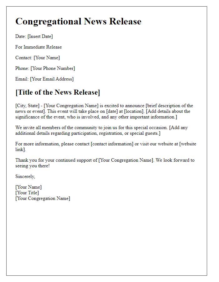 Letter template of congregational news release