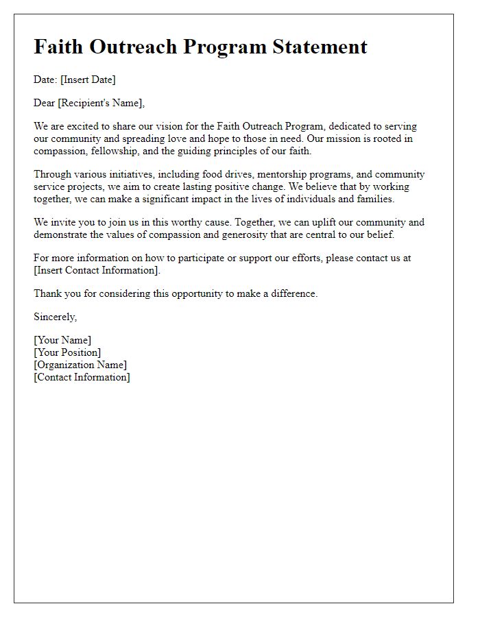 Letter template of faith outreach program statement