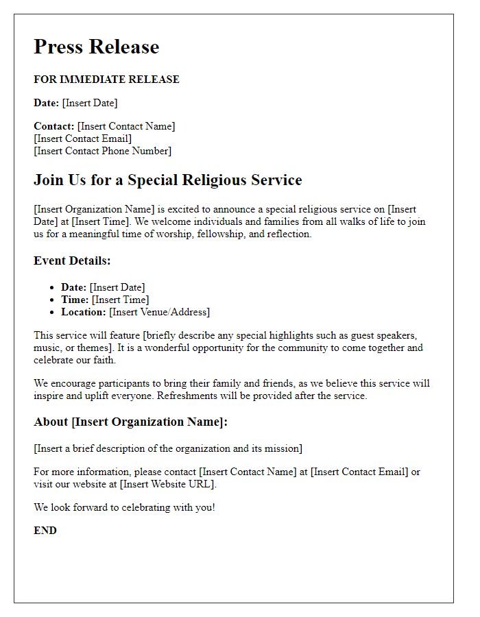 Letter template of religious service promotional press note