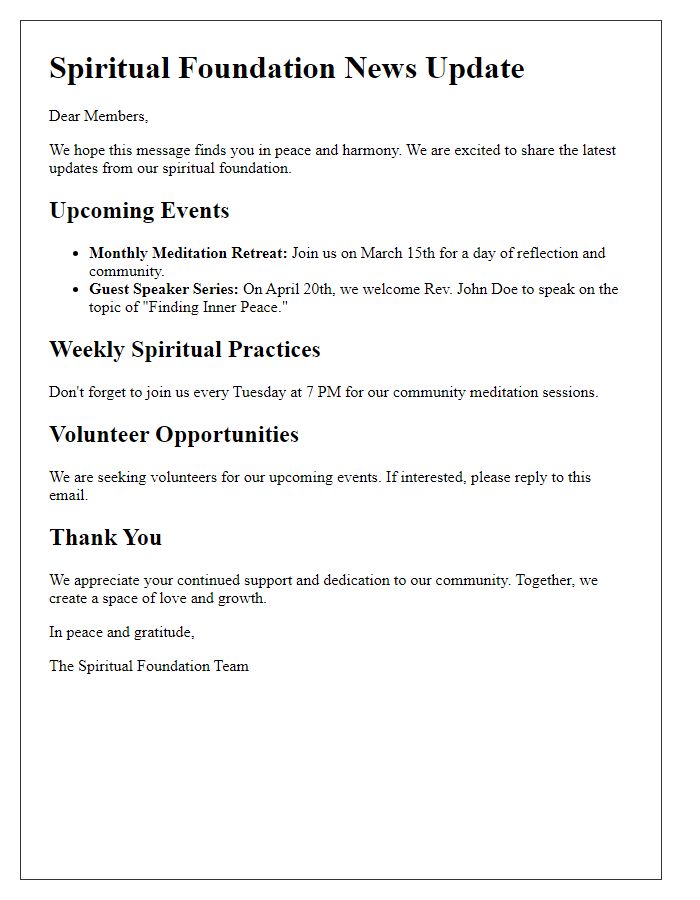 Letter template of spiritual foundation news update