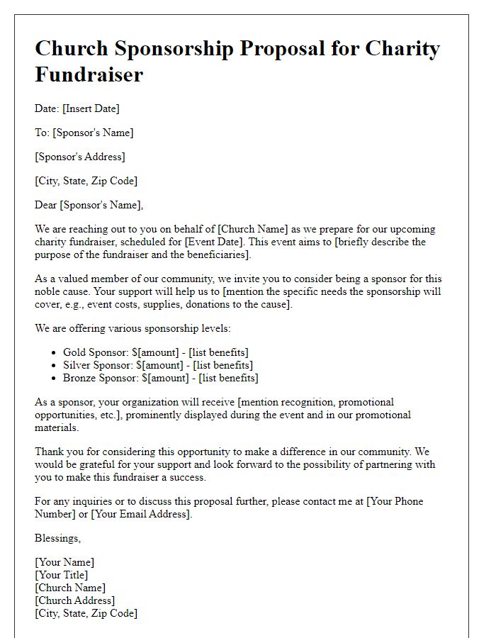 Letter template of church sponsorship proposal for charity fundraiser