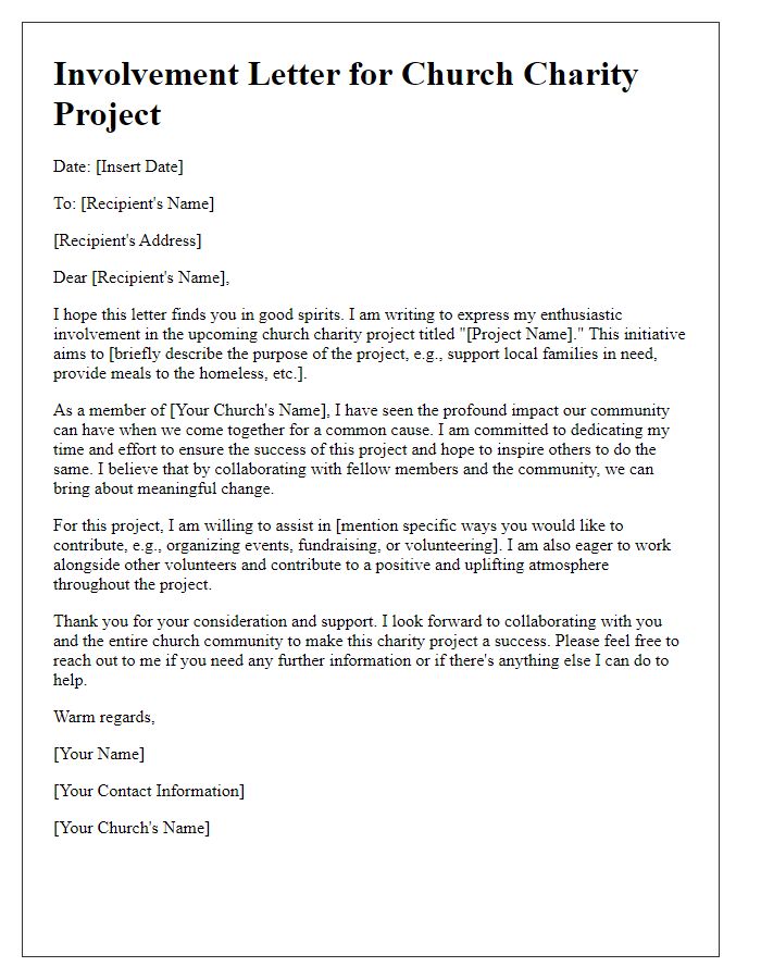 Letter template of involvement in church charity project