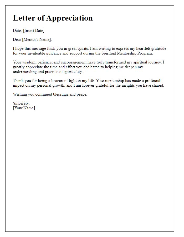 Letter template of appreciation for spiritual mentorship program