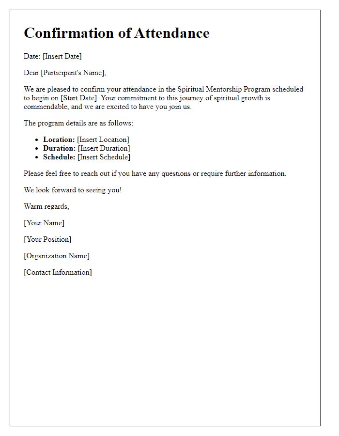 Letter template of confirmation for spiritual mentorship program attendance