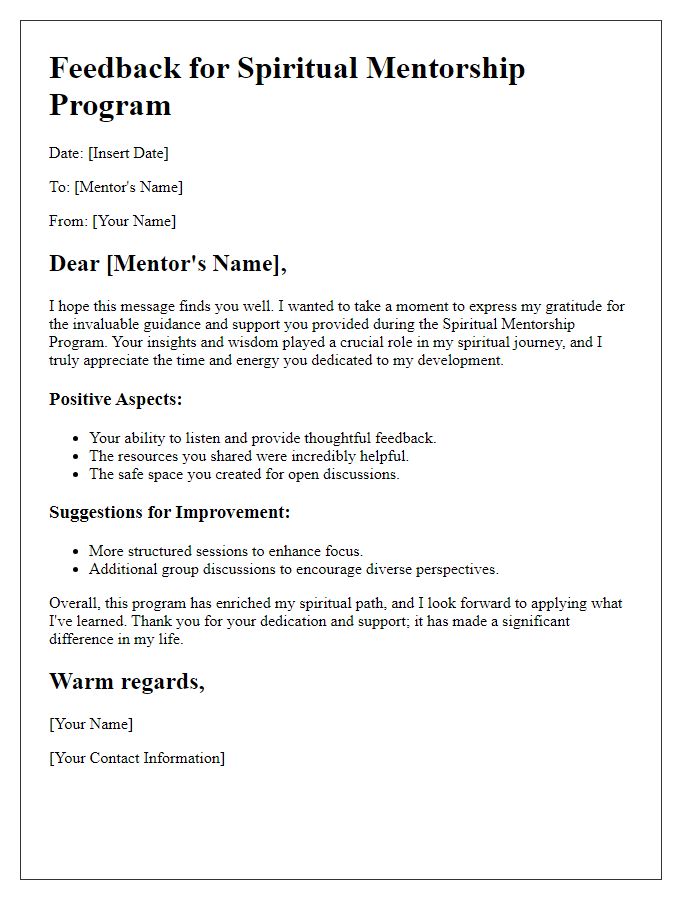 Letter template of feedback for spiritual mentorship program