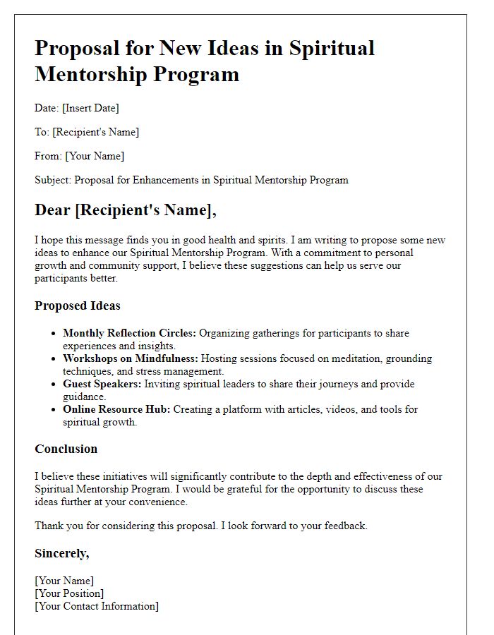 Letter template of proposal for new ideas in spiritual mentorship program