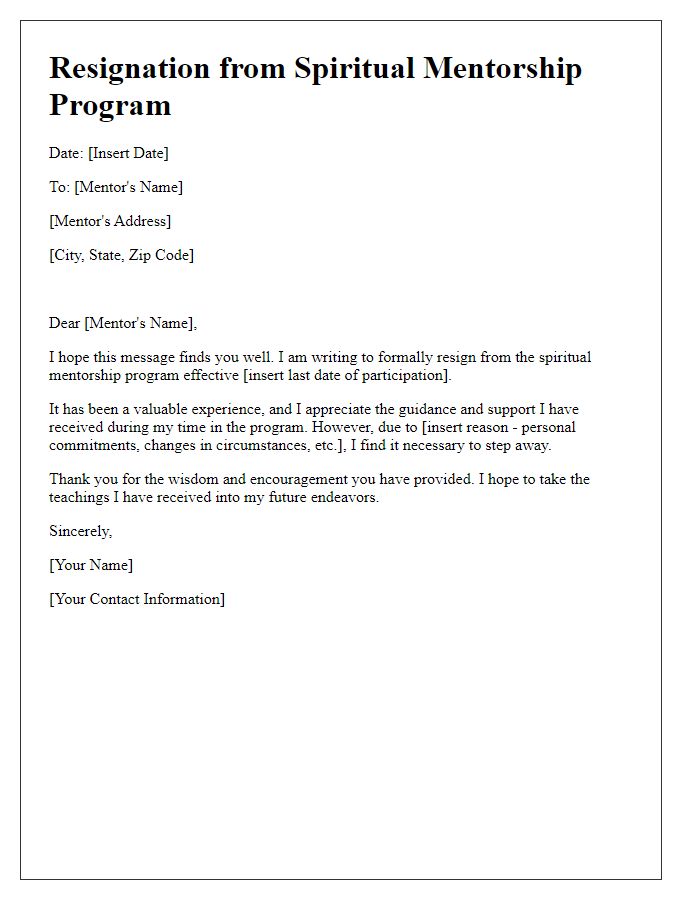 Letter template of resignation from spiritual mentorship program