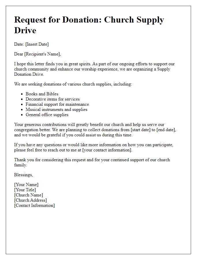 Letter template of church supply donation drive request