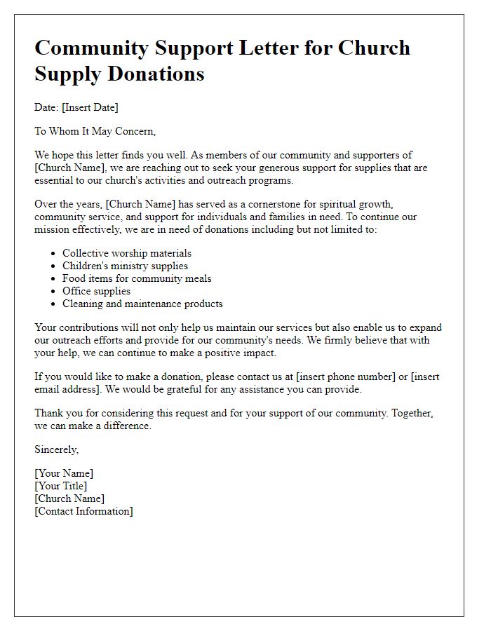 Letter template of community support for church supply donations