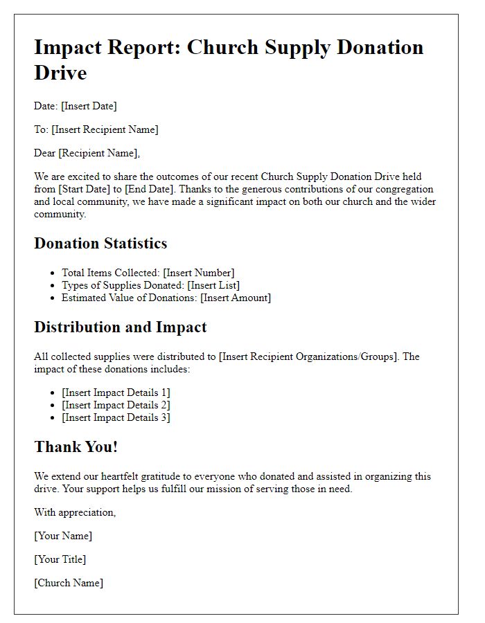 Letter template of impact report on church supply donation drive