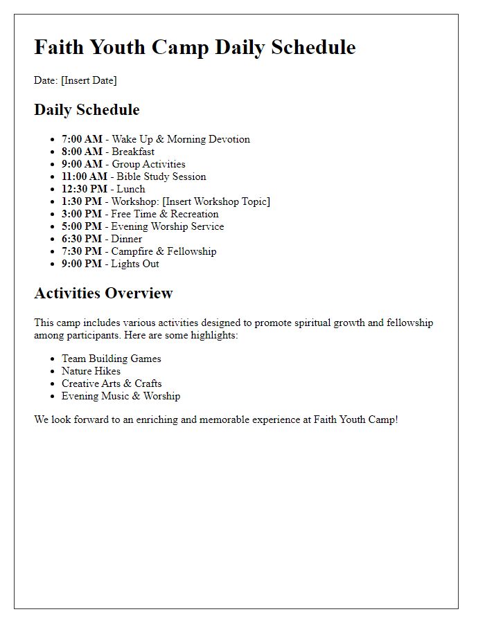 Letter template of Daily Schedule and Activities for Faith Youth Camp