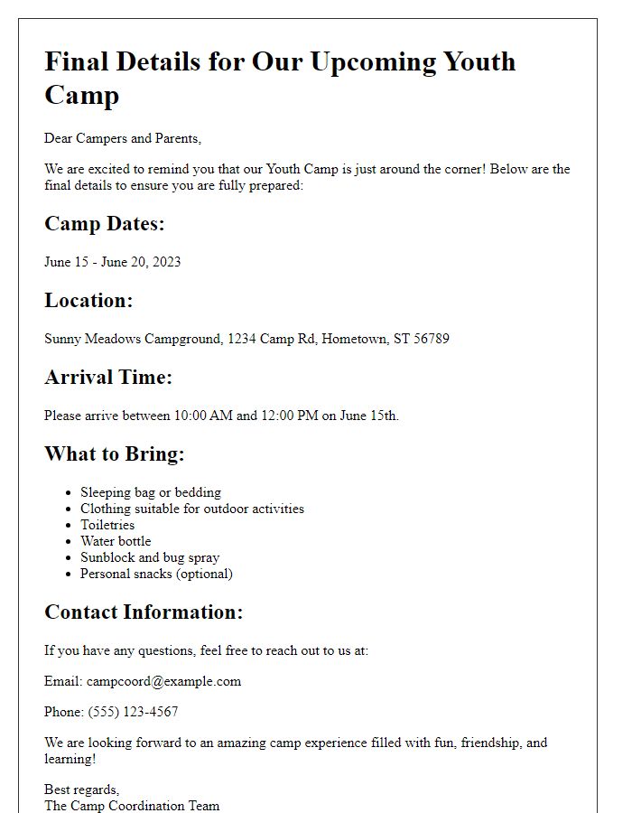 Letter template of Final Details for Upcoming Youth Camp