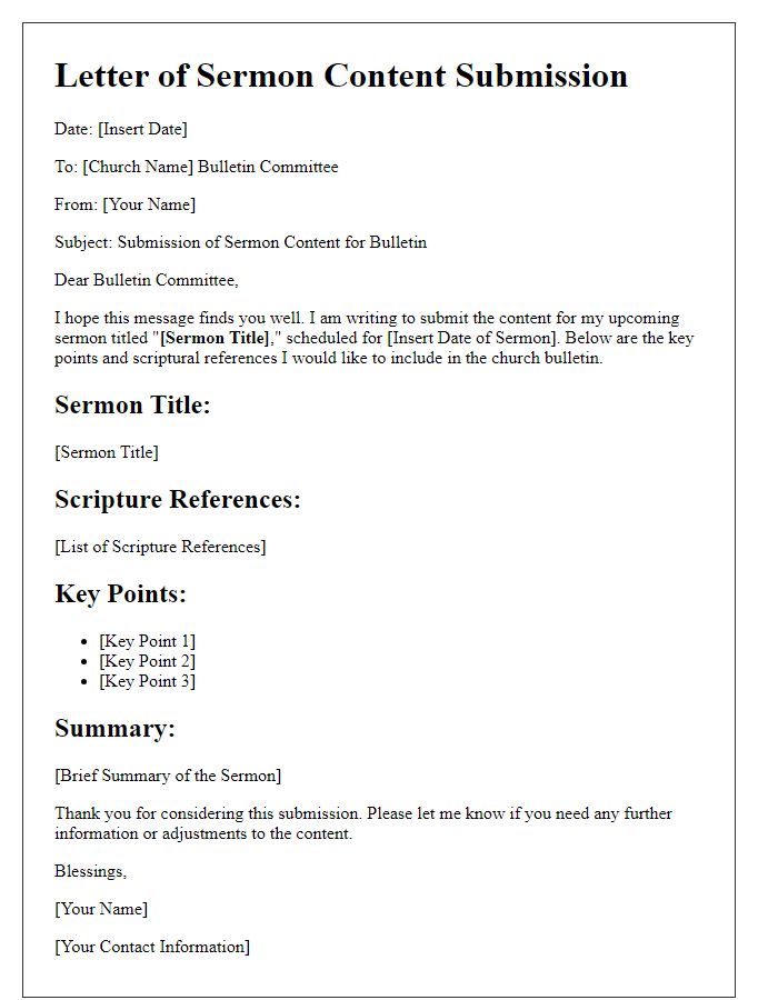 Letter template of sermon content submission for church bulletin