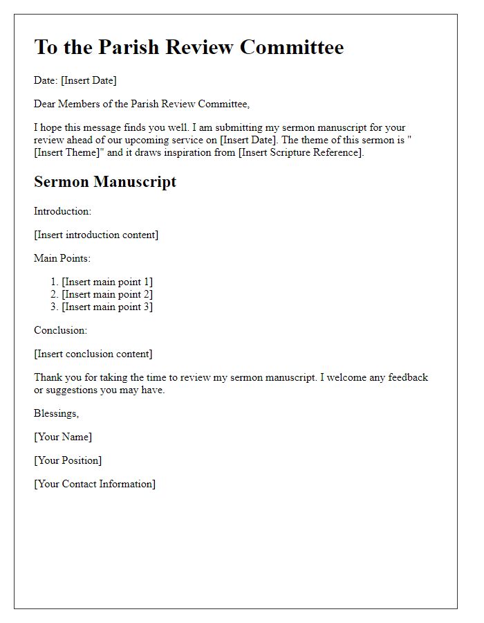 Letter template of sermon manuscript for parish review