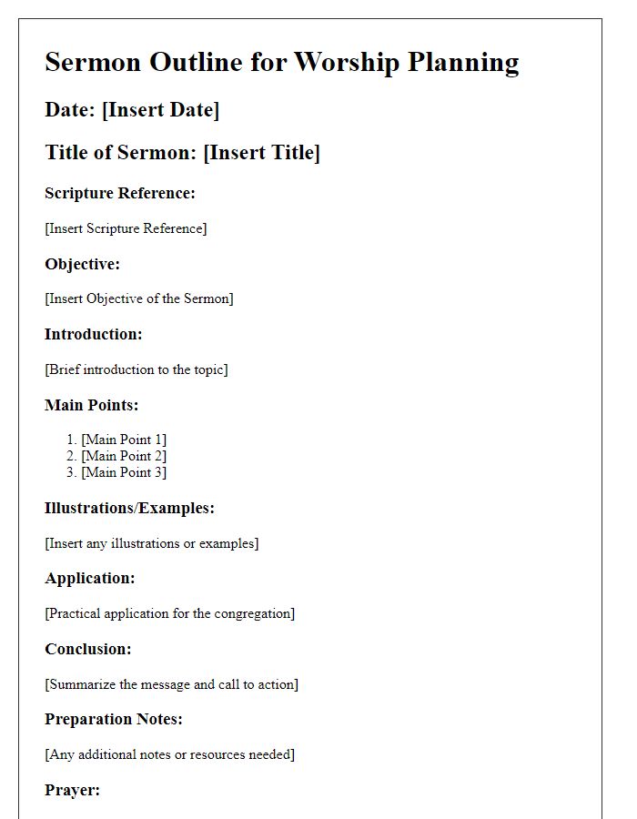 Letter template of sermon outline for worship planning