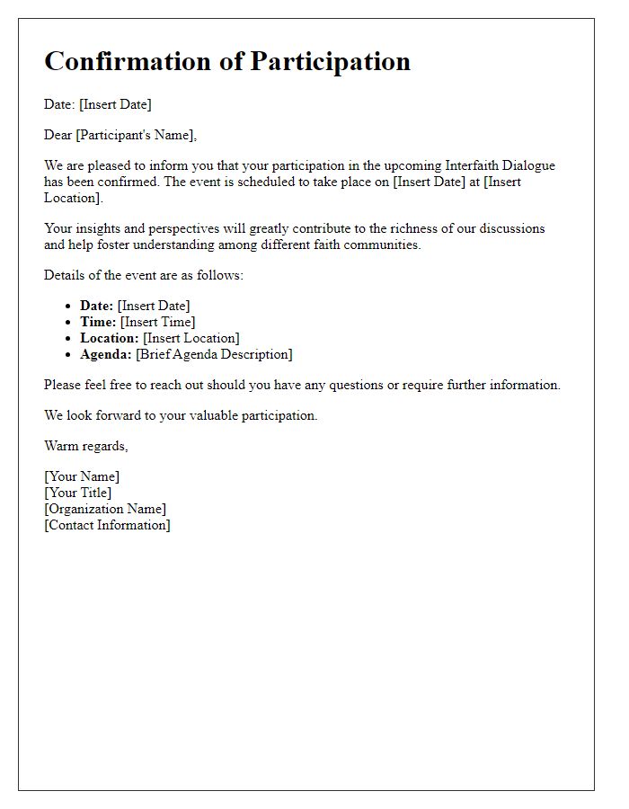 Letter template of confirmation for interfaith dialogue participation