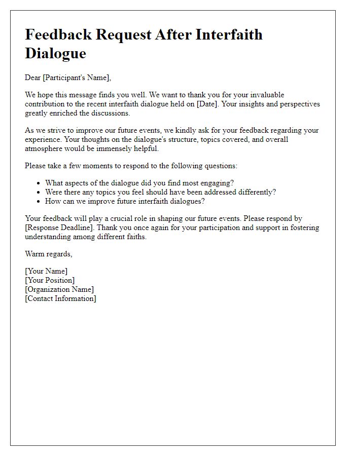 Letter template of feedback request after interfaith dialogue