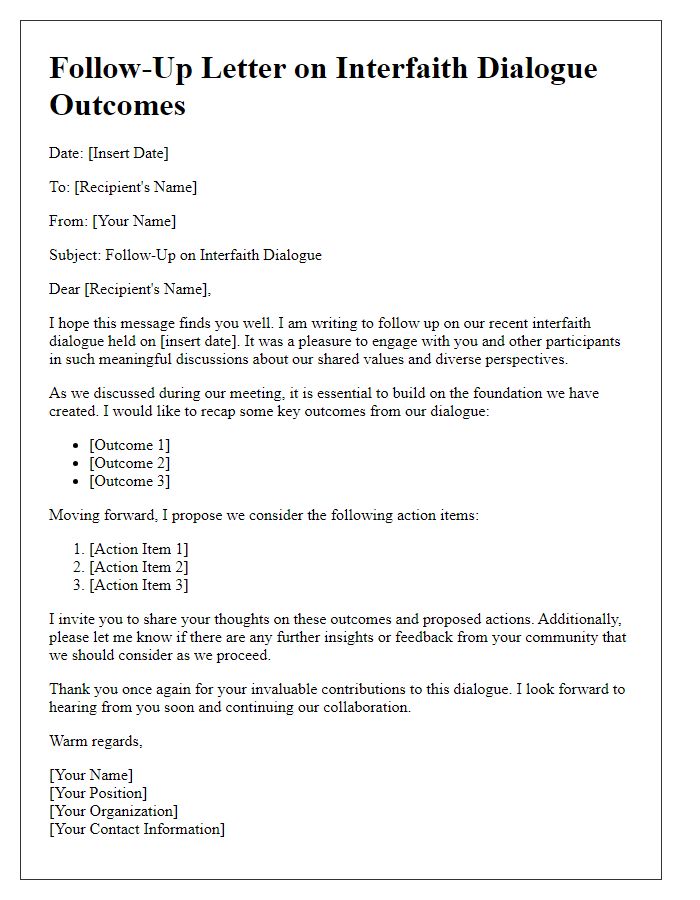 Letter template of follow-up for interfaith dialogue outcomes