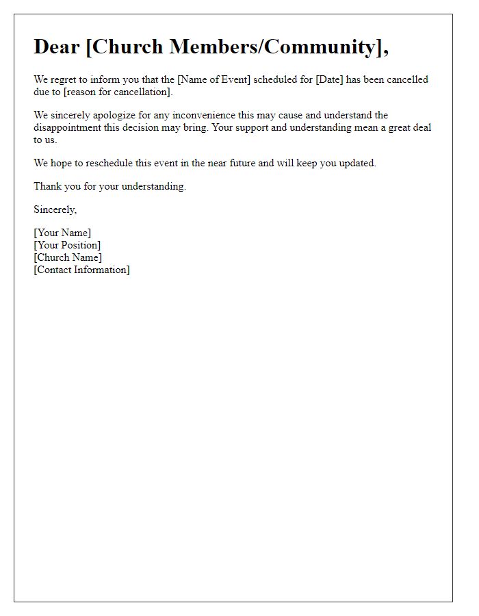 Letter template of church event cancellation with an apology for inconvenience.