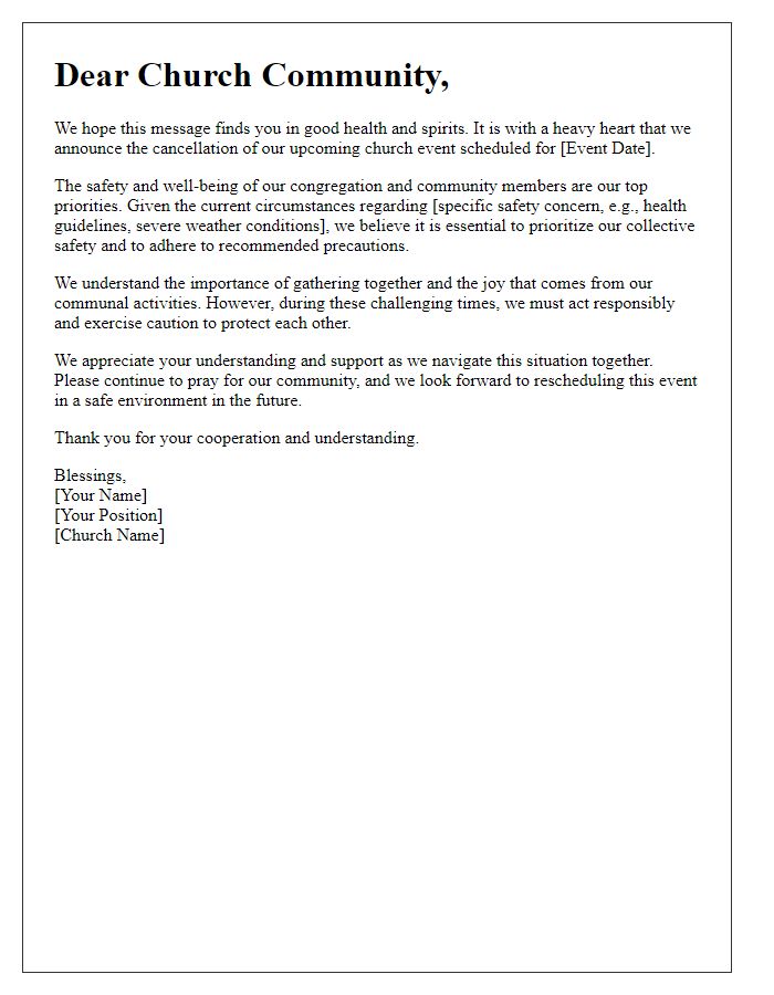 Letter template of church event cancellation emphasizing the importance of community safety.