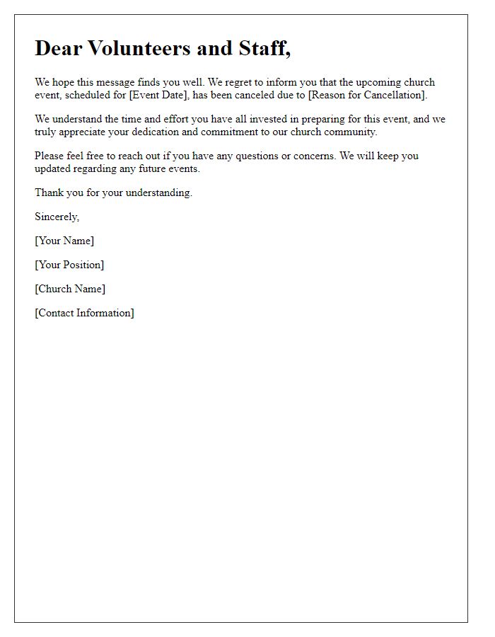 Letter template of church event cancellation to notify volunteers and staff.