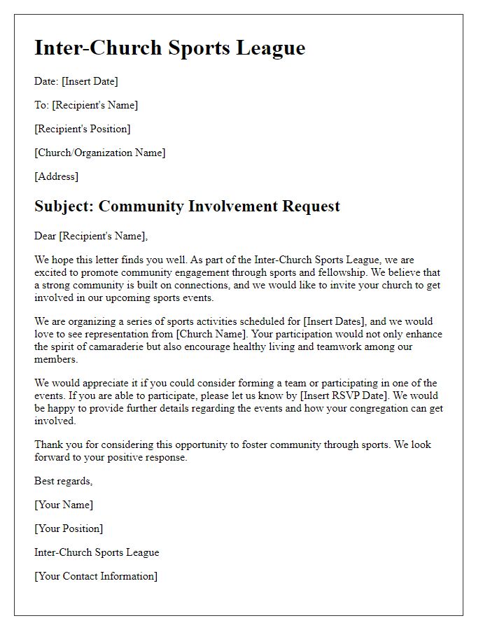 Letter template of inter-church sports league community involvement request