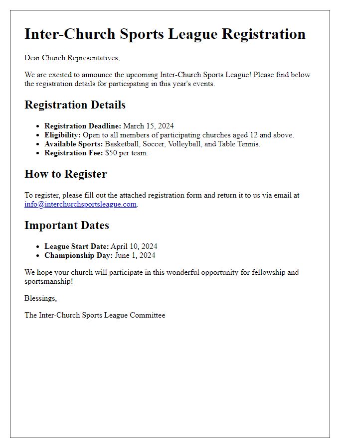 Letter template of inter-church sports league registration details