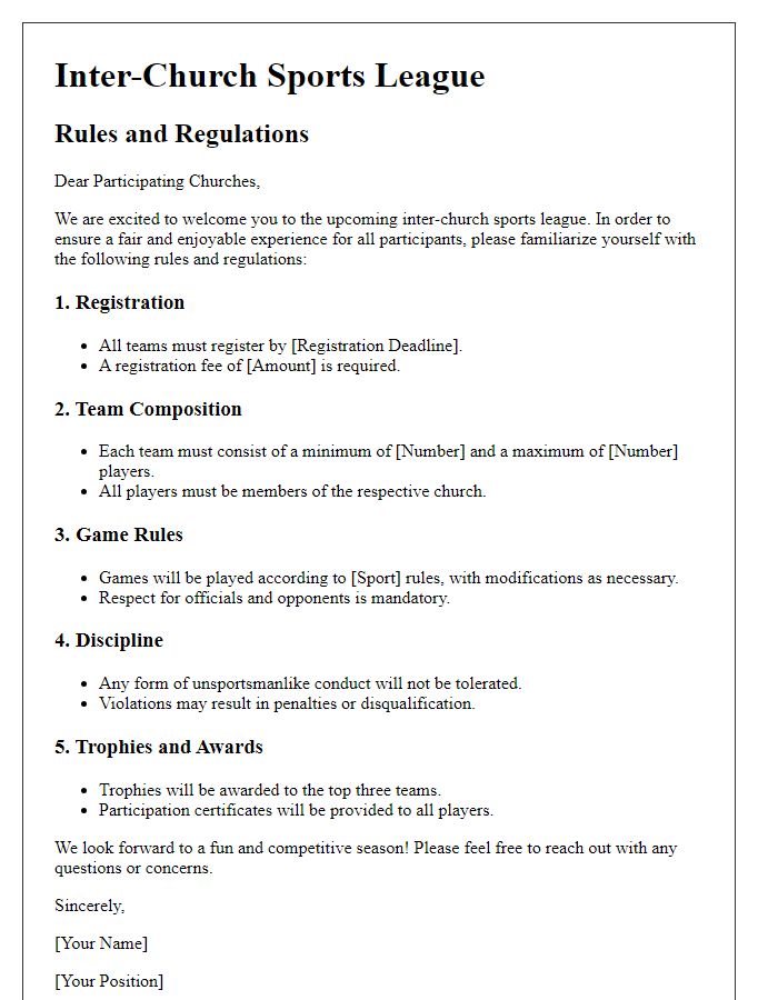 Letter template of inter-church sports league rules and regulations