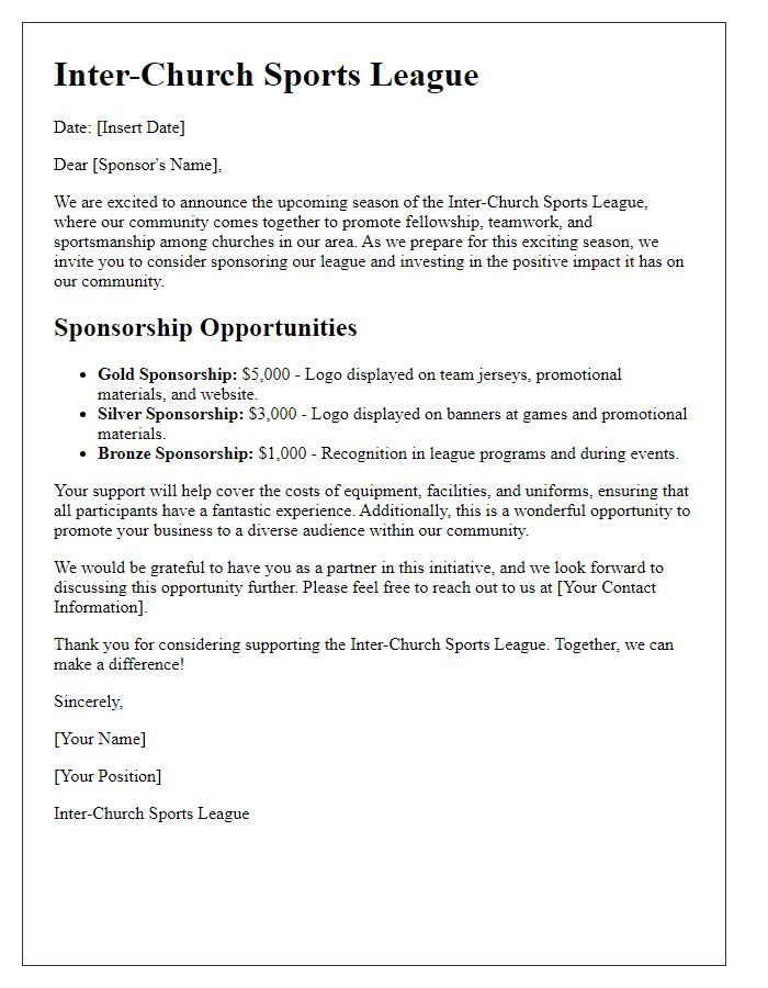 Letter template of inter-church sports league sponsorship opportunities