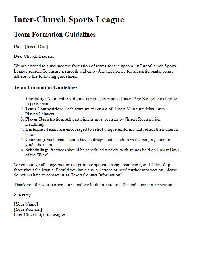 Letter template of inter-church sports league team formation guidelines