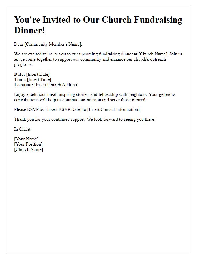 Letter template of church fundraising dinner invitation for community support.