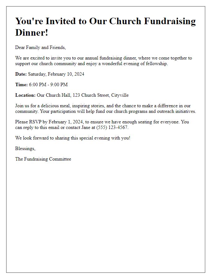 Letter template of church fundraising dinner invitation for family gatherings.