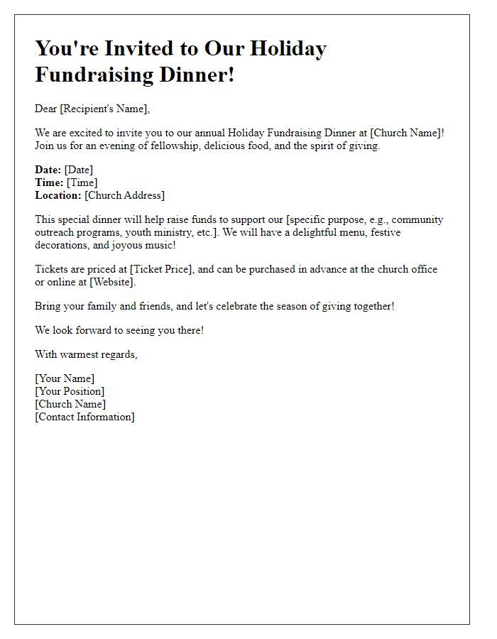 Letter template of church fundraising dinner invitation for holiday celebrations.